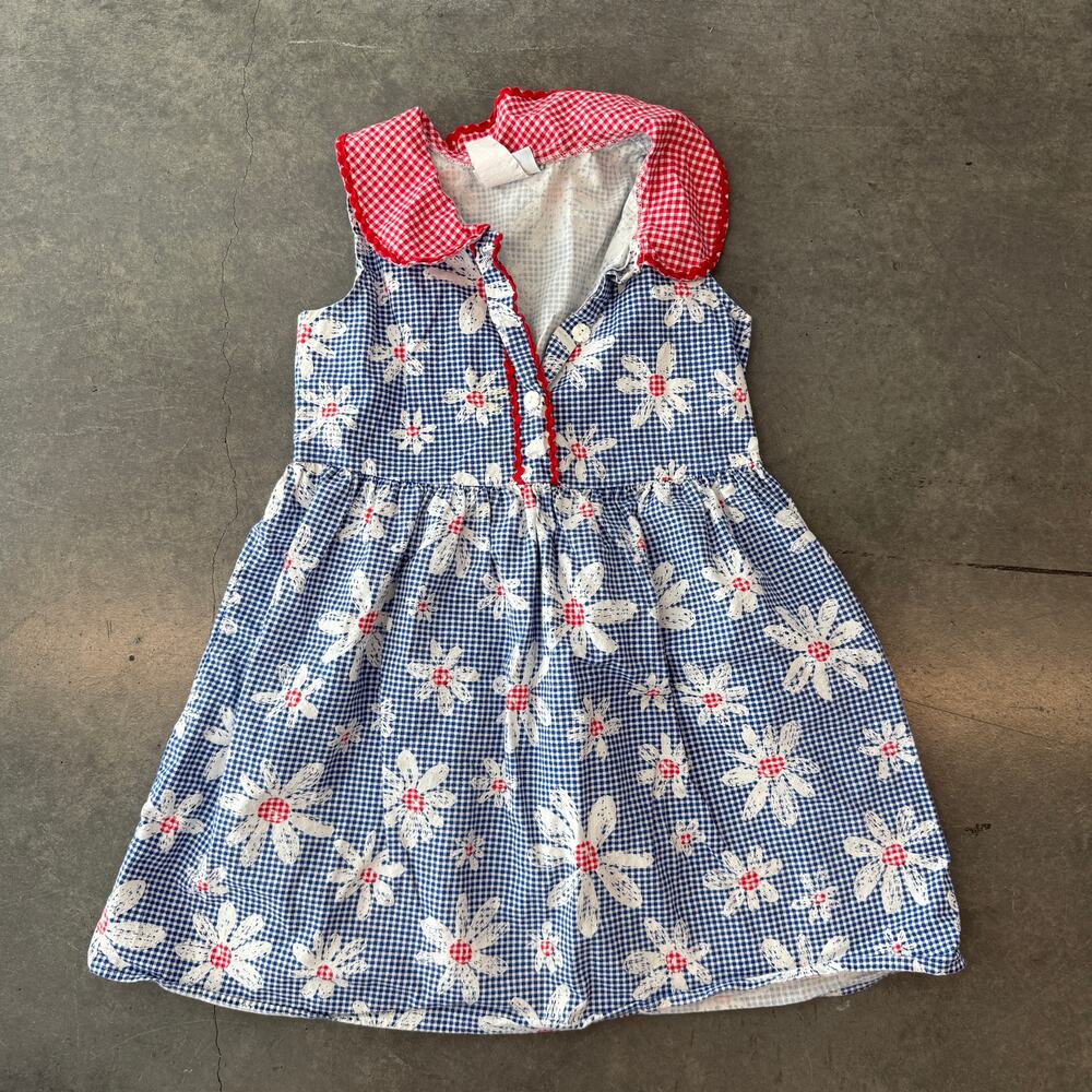 Vintage Y2K Kids Cotton Gingham Floral Blue Red White Sundress Girls 14